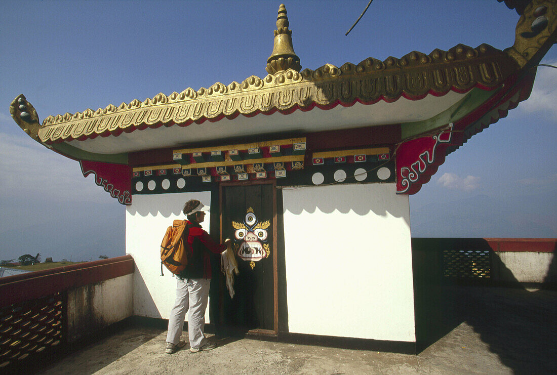 Painted doorway guardian on roof of Zangdok Palrifo Brang Gompa, Kalimpong, Sikkim, India.