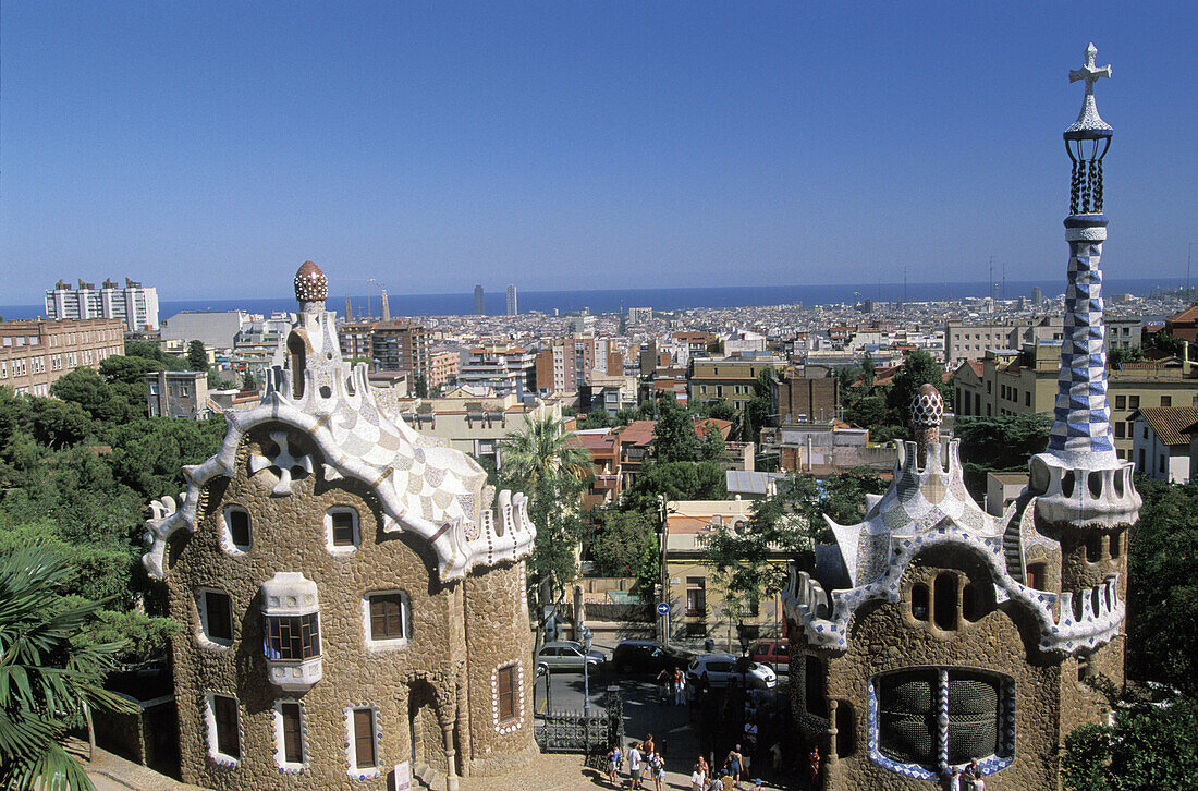 Buildings at Parc Güell by Gaudí and skyline. Barcelona. Spain