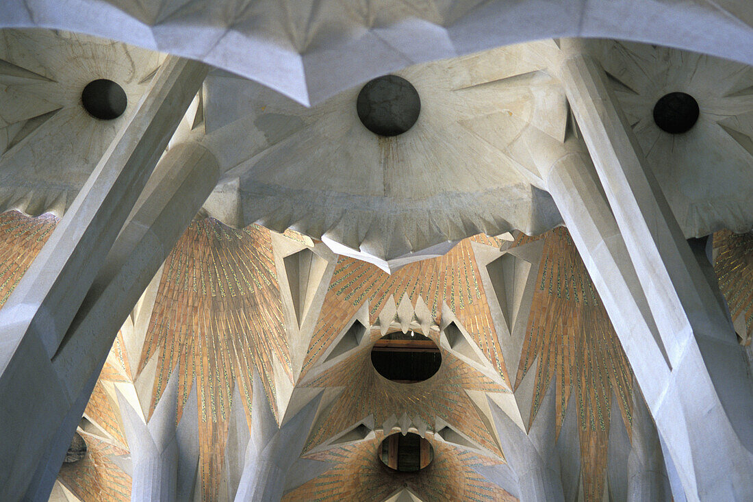 Detail on interior arches and vaults, Sagrada Familia temple by Gaudí. Barcelona, Spain