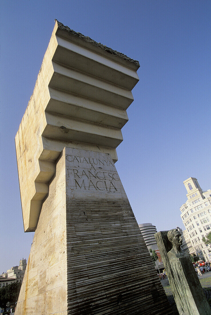 Monument to Catalan political leader Francesc Macià by sculptor Josep Maria Subirachs at Plaça de Catalunya. Barcelona, Spain
