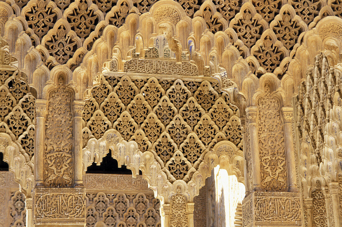 Detail of arches at the Courtyard of the Lions, Alhambra. Granada. Spain