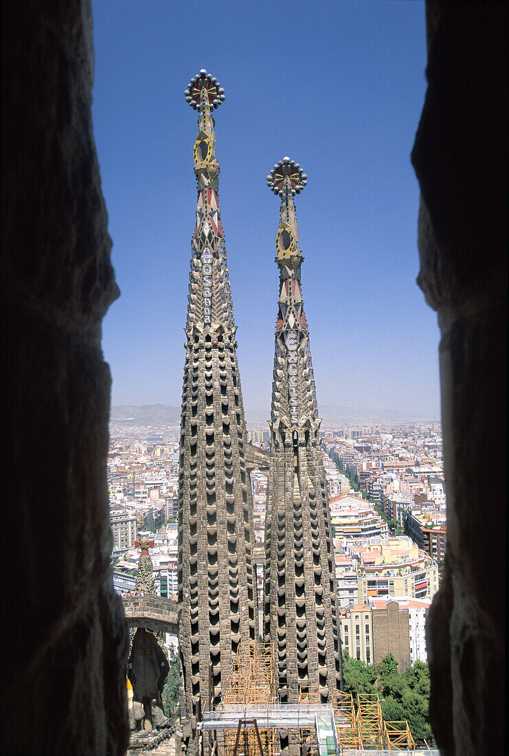 Towers of Sagrada Familia temple by Gaudí. Barcelona, Spain
