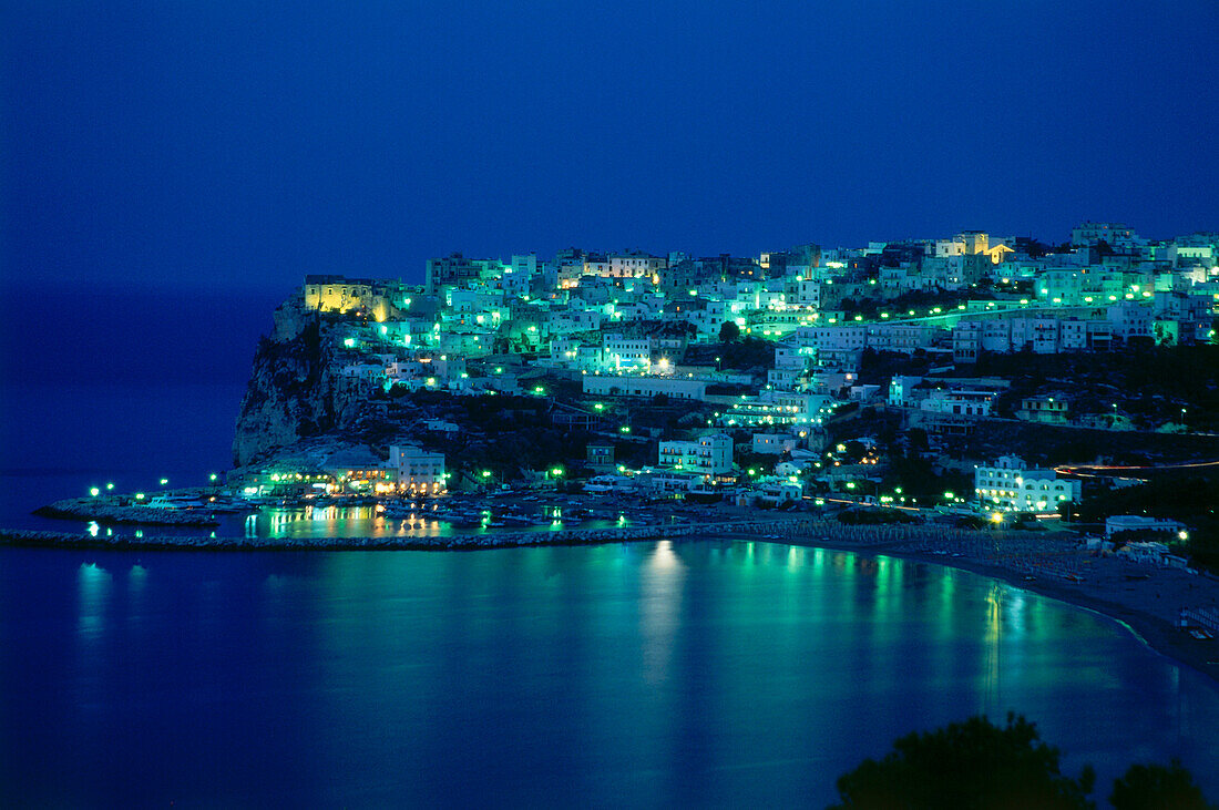 Peschici town at night, Gargano, Alpulia, Italy