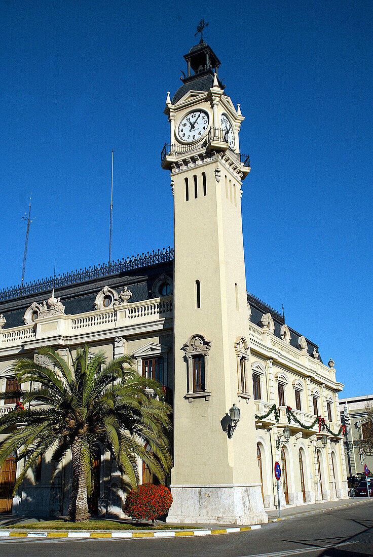 Building with clock, port of Valencia. Spain