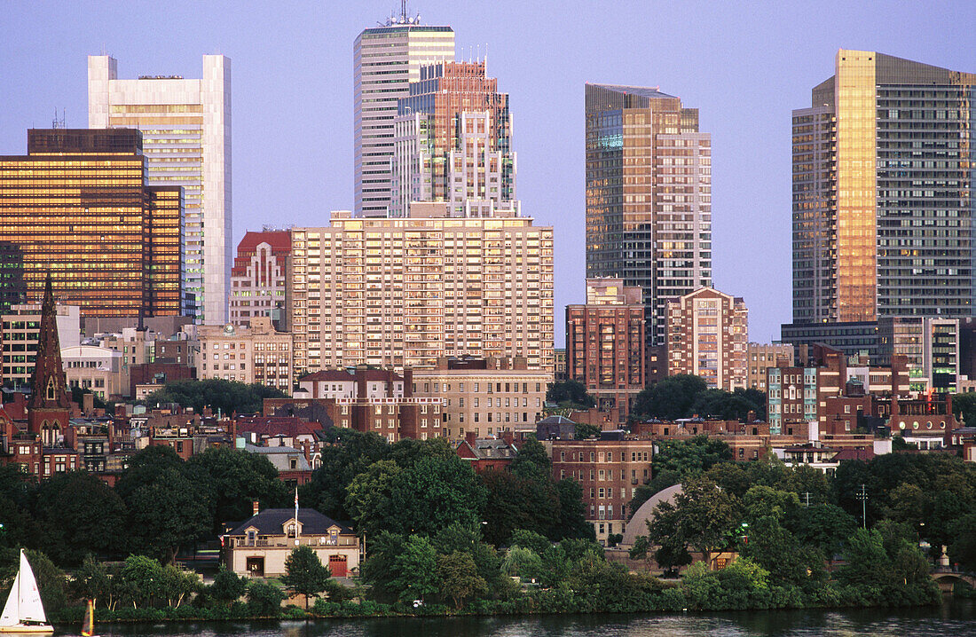 Skyline with financial district towers & Millenium Place, across Charles River, Boston, MA