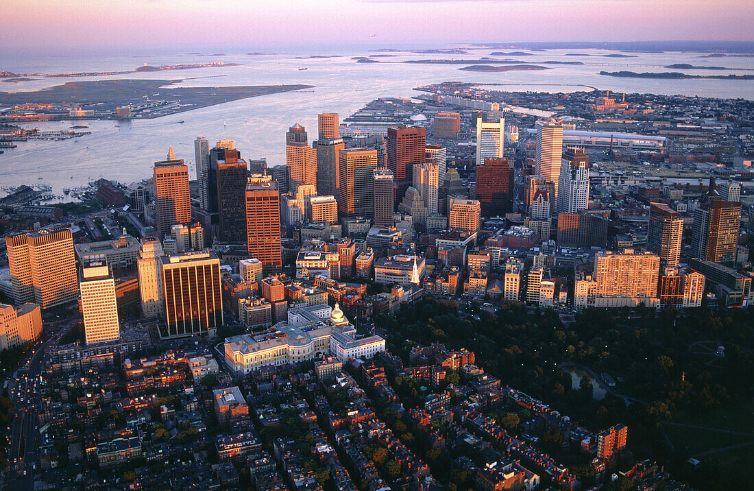 Downtown aerial, evening. Boston . Massachusetts. USA