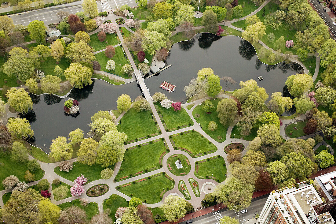 Public Garden, aerial view, springtime, Boston, Massachusetts. USA.