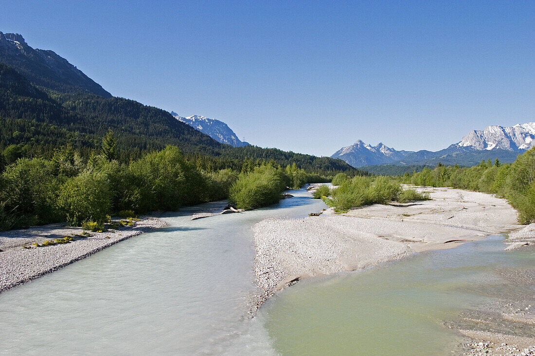 River Isar near Wallgau and Wetterstein mountains. Upper Bavaria, Germany