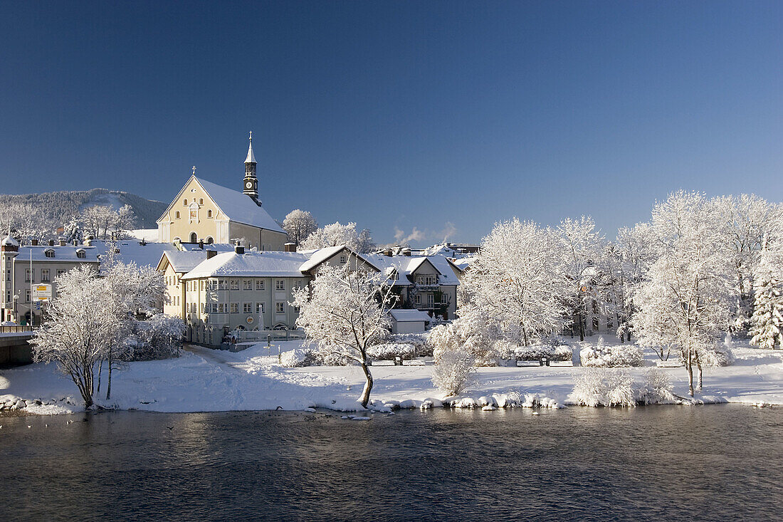 Franciscan church, Isar River. Bad Tölz. Upper Bavaria. Germany