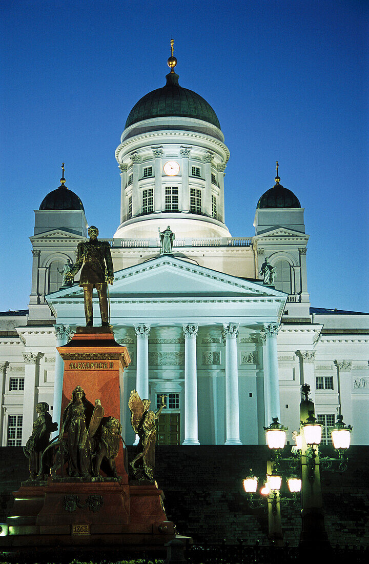 Statue of Alexander II and Lutheran Cathedral. Helsinki. Finland