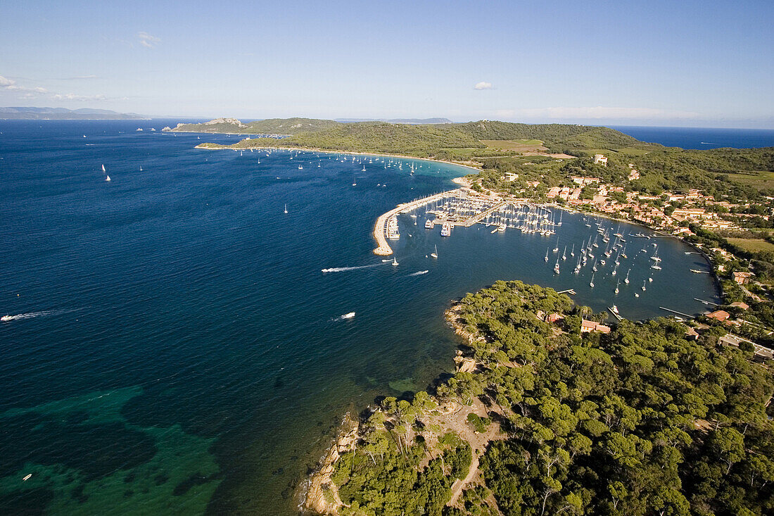 Aerial view of Port Cros with bay and harbour, Iles d'Hyeres, France, Europe