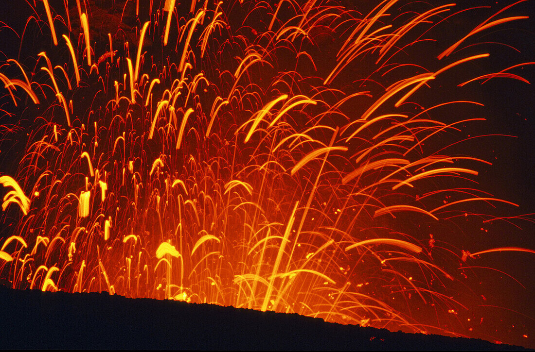 Close up of lava fountain of Yasur volcano at night, Tanna, Vanuatu, South Pacific, Oceania