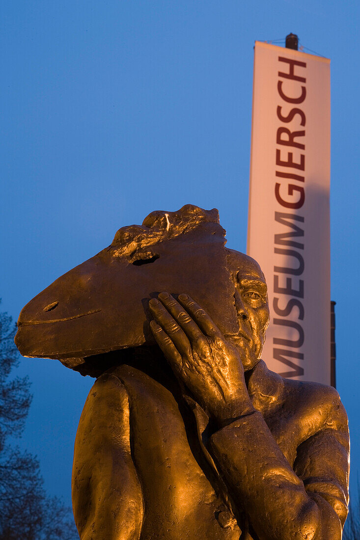 Giersch Museum and Bronze Sculpture worker with mask by Artist Wolfgang Mattheuer, Frankfurt, Hesse, Germany