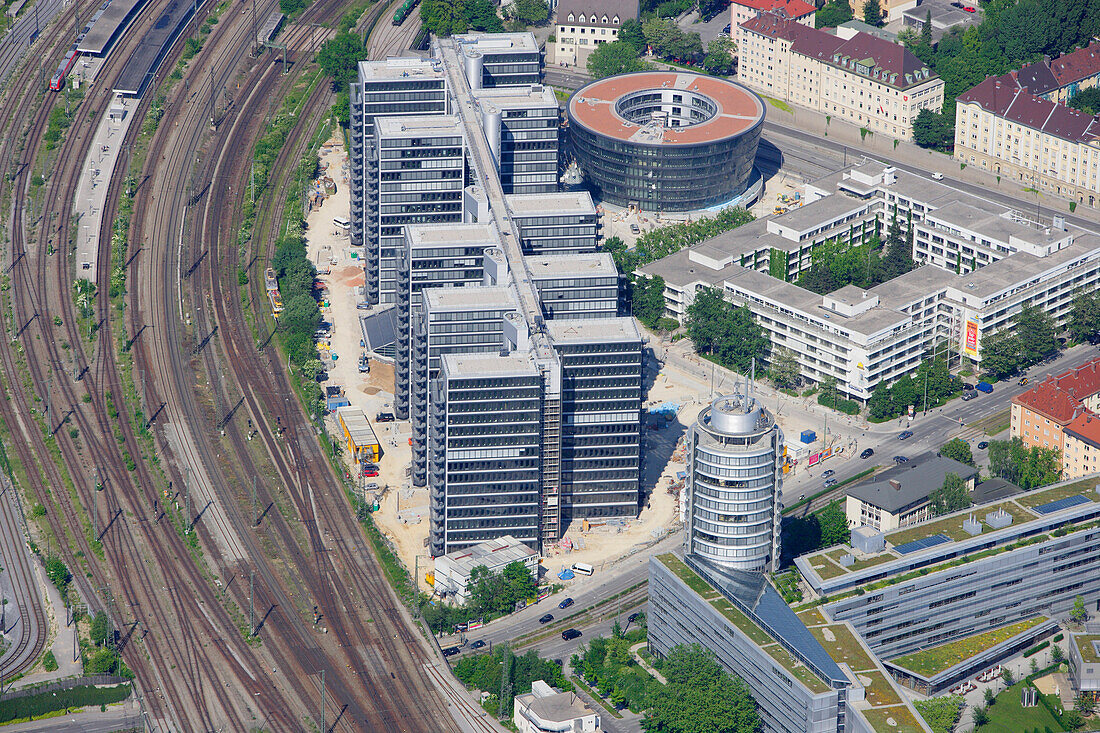 Aerial view of the Ten Towers Telekom Center at Haidhausen, Munich, Bavaria, Germany