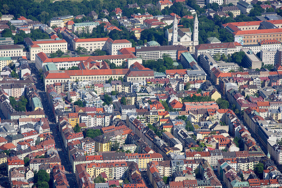 Aerial view of church of St. Ludwig and Ludwig Maximilians University, Maxvorstadt, Munich, Bavaria, Germany