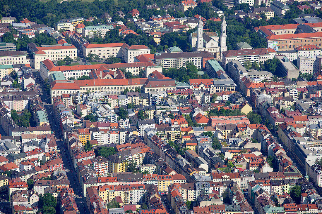 Luftaufnahme von Maxvorstadt mit Ludwigskirche und Ludwig Maximilians Universität, München, Bayern, Deutschland