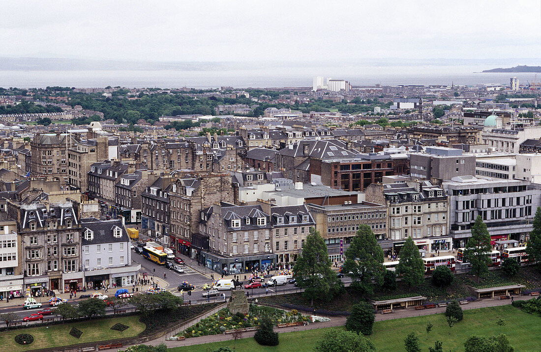 Princes Street and gardens viewed from the castle. Edinburgh. Scotland