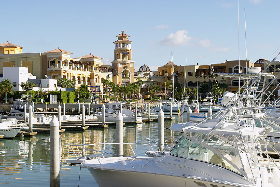 Puerto Paraiso Mall and Plaza Bonita by marina, many boats docked. Cabo San Lucas, Mexico