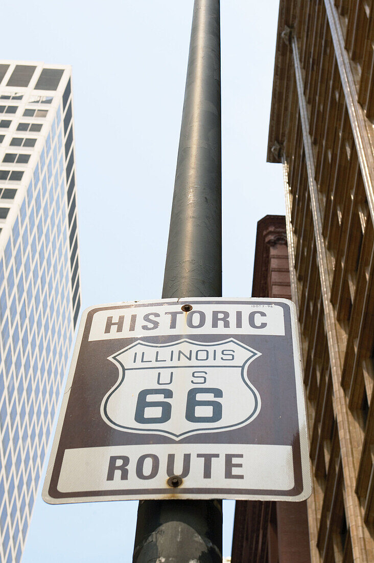 Route 66 historic road marker, near beginning of route. Chicago. Illinois. USA
