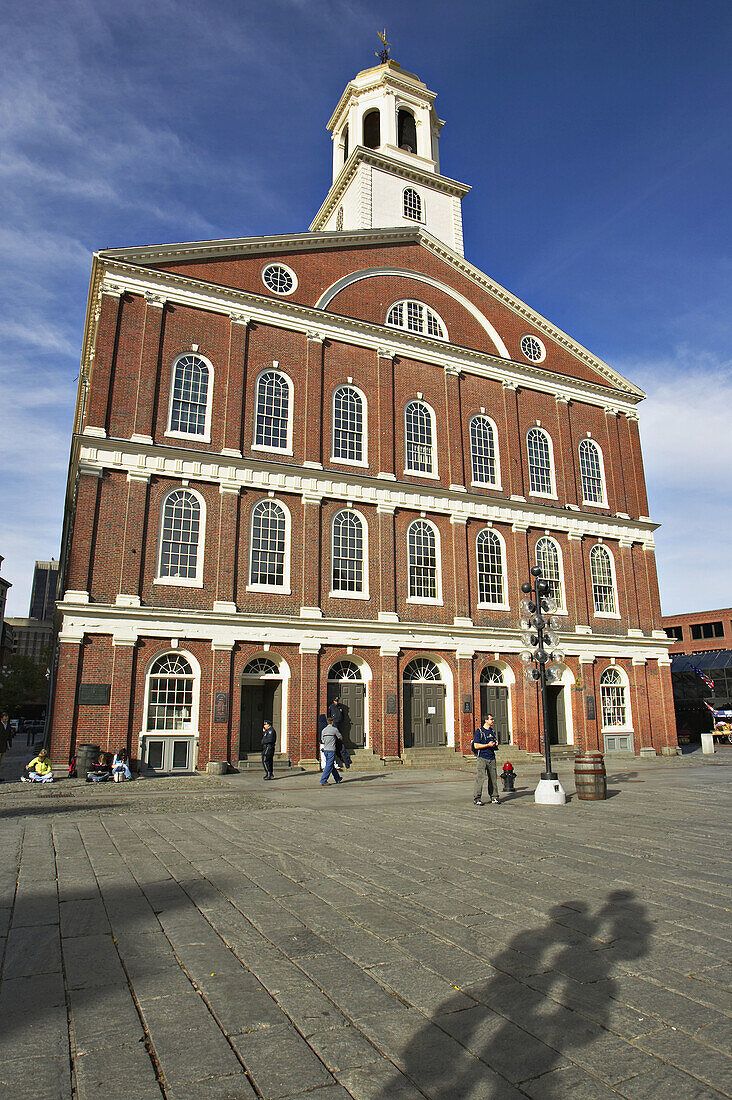 Massachusetts, Boston, Faneuil Hall marketplace, site along Freedom Trail, meeting house, red brick building and open plaza area, Colonial architecture