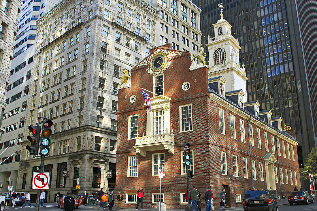 Massachusetts, Boston, Old State House, site along Freedom Trail, oldest public building in city, amid modern buildings, no left turn sign