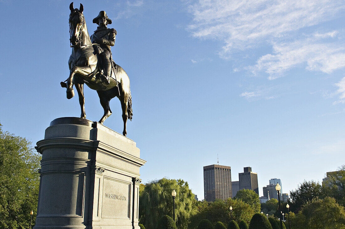 Massachusetts, Boston, Statue of George Washington mounted on a horse in Boston Garden, created by Thomas Ball