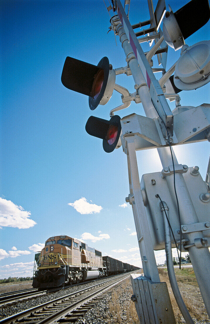 Locomotive and crossing warning lights. Sterling, Colorado. USA.