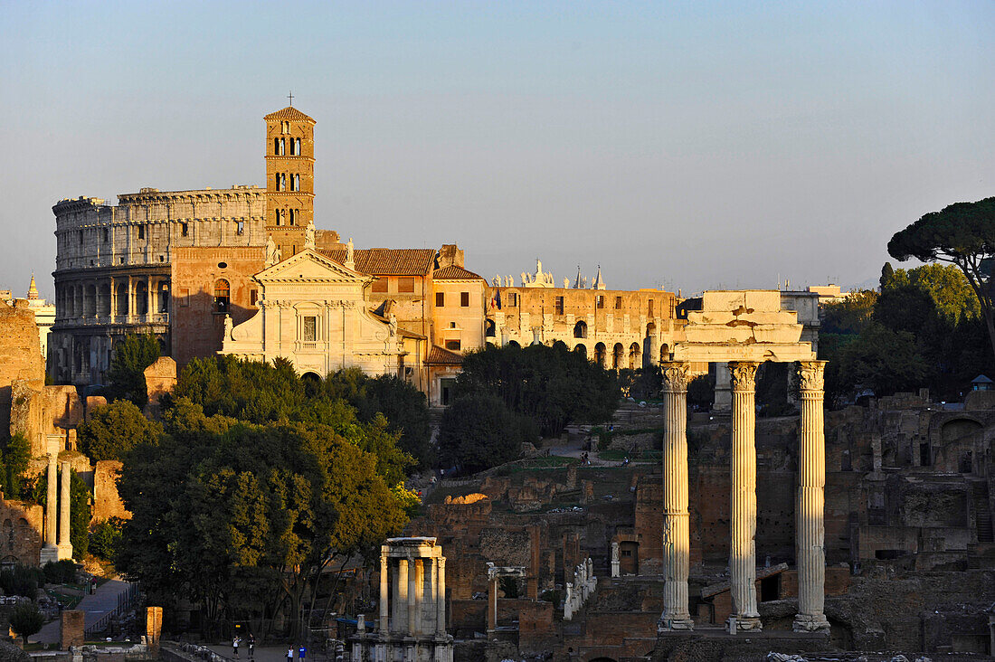Forum Romanum mit Maxentiusbasilica, Kolosseum im Hintergrund, Rom, Latium, Italien