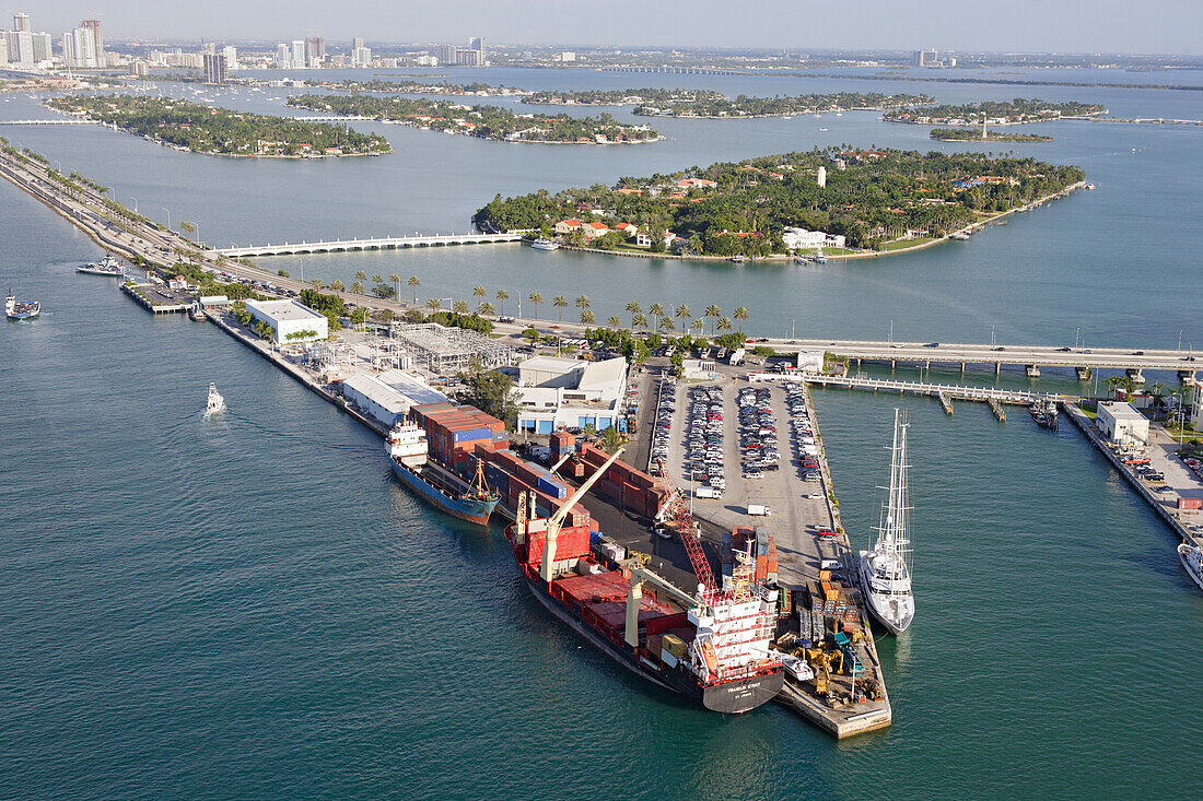 Aerial view of ships at the pier of Lummus Island and Star Island behind, Miami, Florida, USA