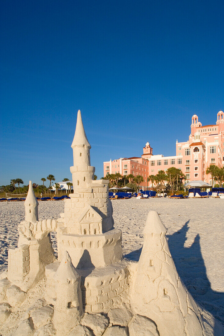 A sandcastle in front of the Don Cesar Hotel under blue sky, St. Petersburg Beach, Florida, USA