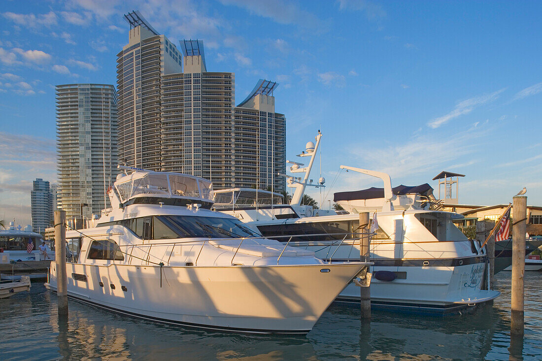 View at yachts at Miami Beach Marina and a condominium building, Miami, Florida, USA