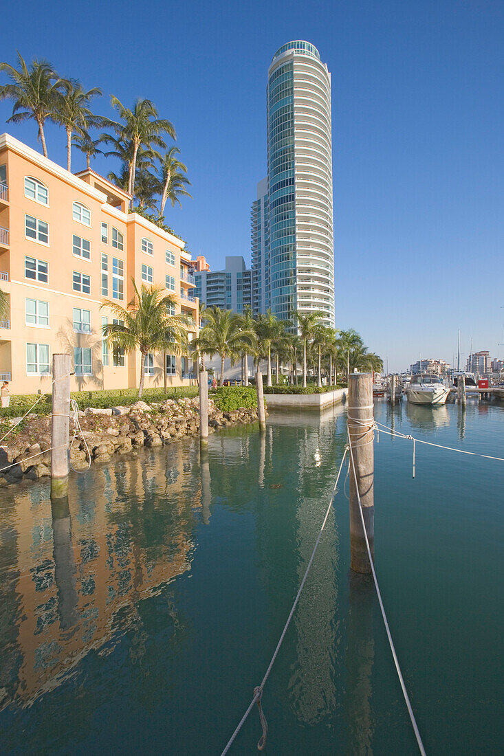 Blick auf den Miami Beach Jachthafen und ein Condominiumgebäude unter blauem Himmel, Miami, Florida, USA