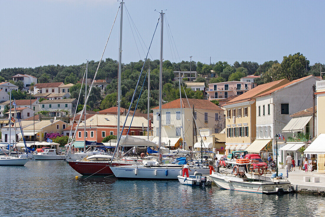 Boats are moored in Gaios harbour, Paxos, Ionian Islands, Greece