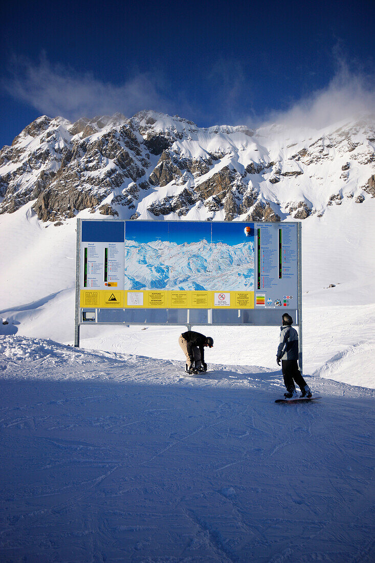Snowboarders near piste map, Valfagehr downhill, Sankt Anton, Arlberg, Tyrol, Austria