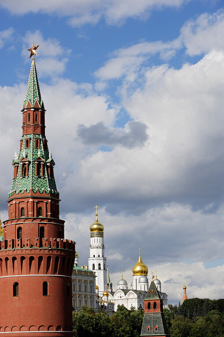 Vodovzvodnaya tower, in the foreground,  Iwan the Great belltower, middle and Cathedral of St Michael the Archangel, middle right, Moscow, Russia