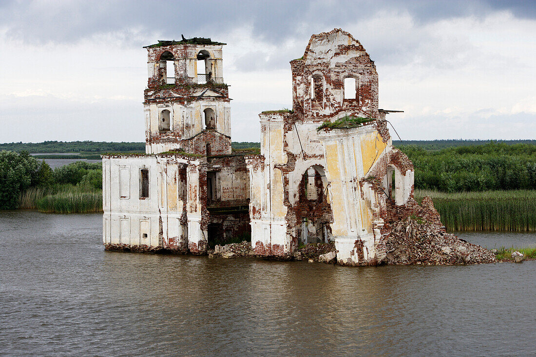 Ruin of a church in the flooded area of Rybinsk reservoir, Russia