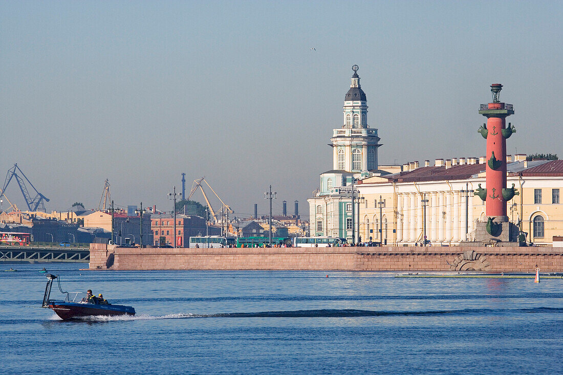 River Neva and Vassiljevski island. The tower in the middle marks the art chamber, the red column is one of the two Rostra columns, Saint Petersburg, Russia.