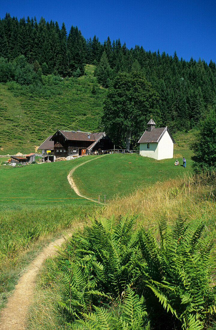 alpine hut Steineralm with chapel, Hochstufen, Steiner-Alm, Chiemgau range, Chiemgau, Bavarian foothills, Upper Bavaria, Bavaria, Germany