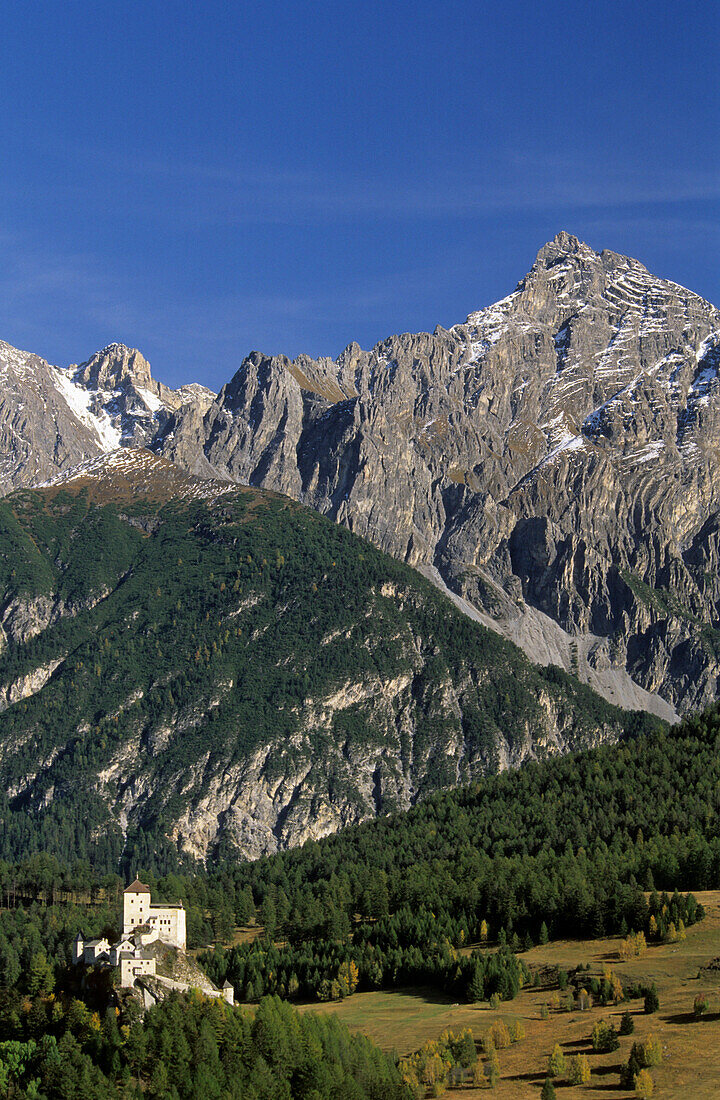 Tarasp castle with Piz San Jon, Scuol, Unterengadin, Engadin, Grisons, Switzerland