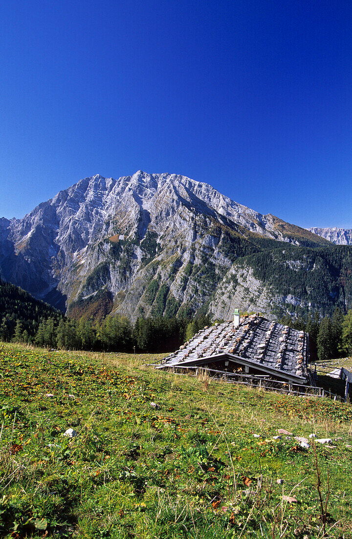 Almhütte mit Watzmann, Berchtesgadener Alpen, Berchtesgaden, Bayern, Deutschland