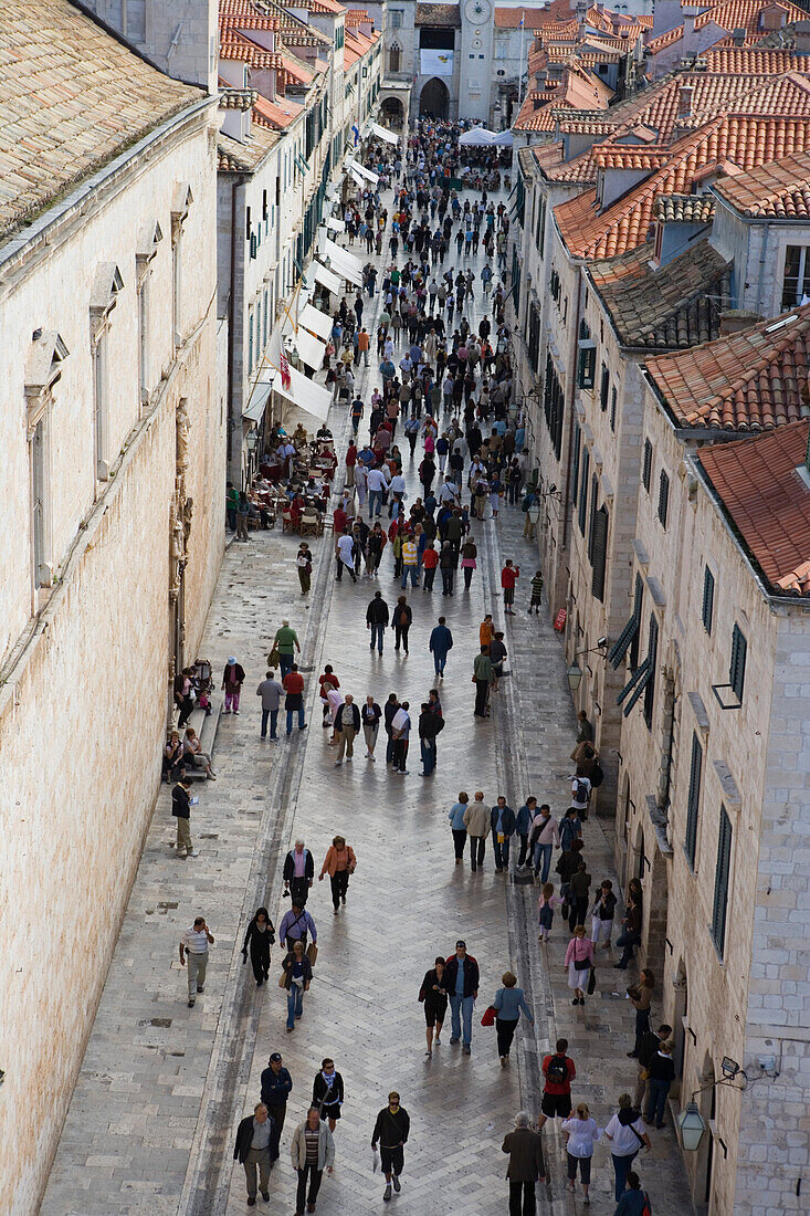Pedestrians on Placa in Old Town seen from City Wall, Dubrovnik, Dubrovnik-Neretva, Croatia