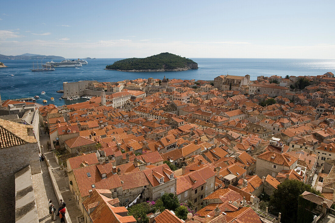 City wall and old town buidings and rooftops seen from Minceta Tower, Dubrovnik, Dubrovnik-Neretva, Croatia