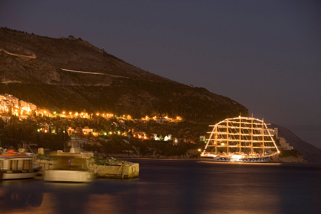 Cruiseship Royal Clipper (Star Clipper Cruises) at night, Dubrovnik, Dubrovnik-Neretva, Croatia