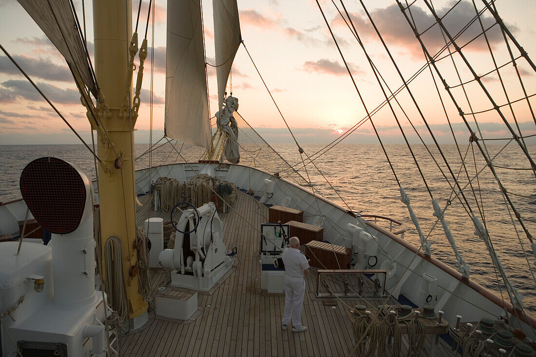 Royal Clipper sails into the sunset, Aboard Sailing Cruiseship Royal Clipper (Star Clippers Cruises), Mediterranean Sea, near Sicily, Italy