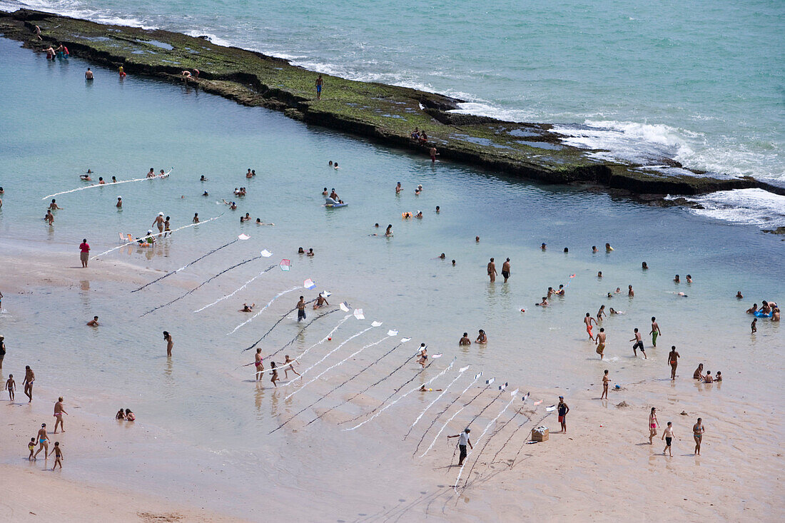 People bathing in the sea, View of the beach from Recife Palace Hotel, Recife, Pernambuco, Brazil, South America