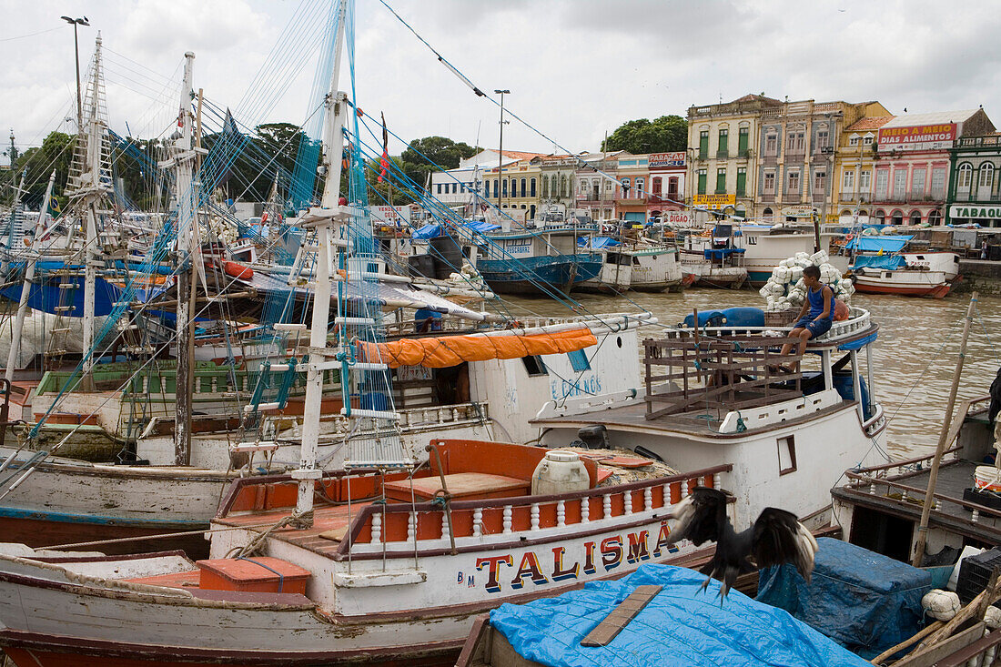Fishing Boats in the harbour outside Mercado Ver O Peso Market, Belem, Para, Brazil, South America