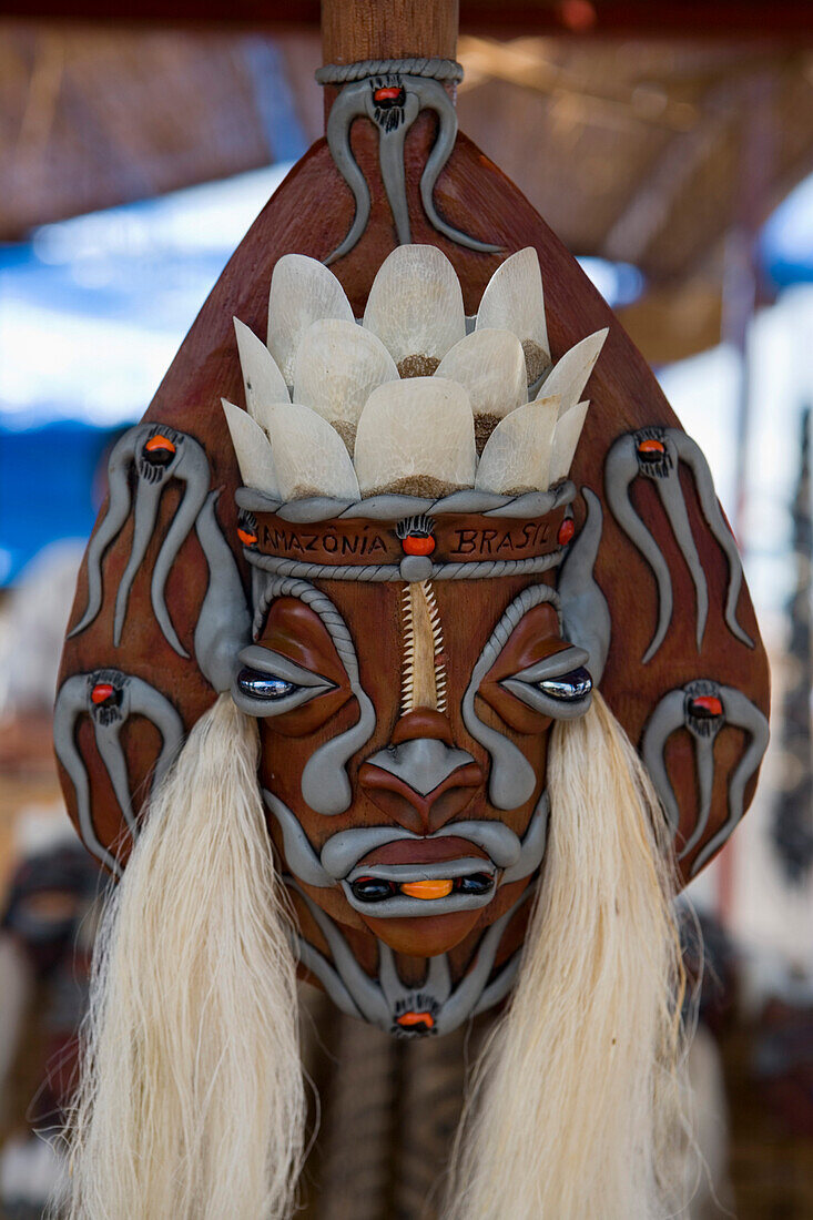 Indigenous Amazon Indian Mask at a market stall, Santarem, Para, Brazil, South America