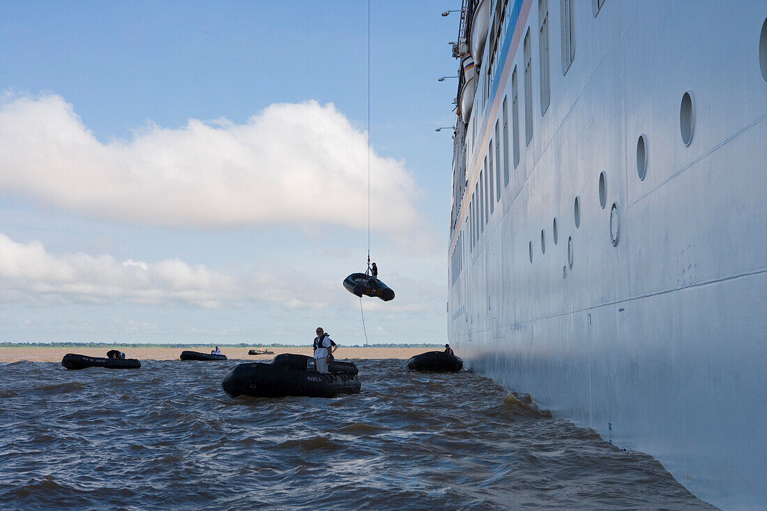 Lowering Expedition Zodiac from MS Europa on the Amazon River, Boca da Valeria, Amazonas, Brazil, South America