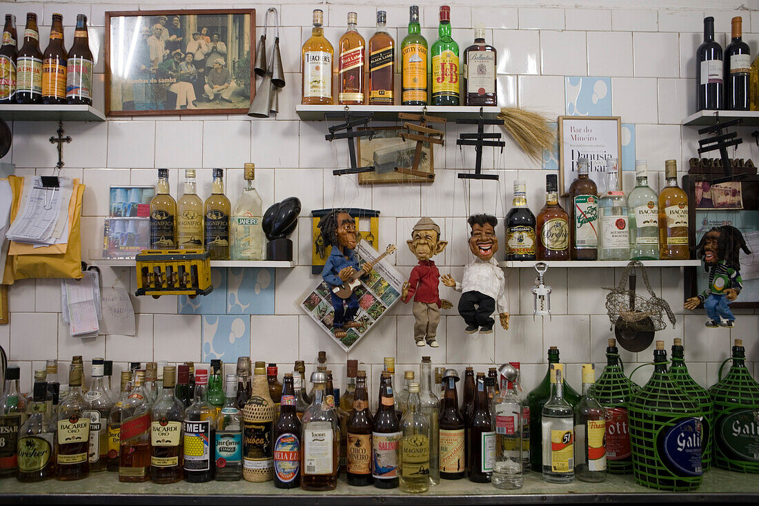 Bottles of spirits and liquor in Bar do Mineiro in Santa Teresa, Rio de Janeiro, Brazil