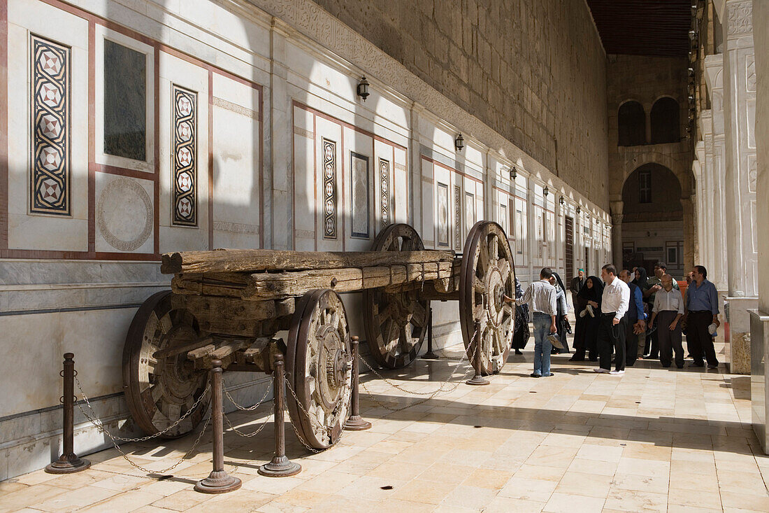 Traditional wagon, cart display in the Umayyad Mosque Courtyard, Damascus, Syria, Asia